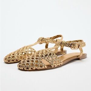 Zara Woven Cage Sandals Gold size 40 8.5 9 perfect condition Smoke pet free home